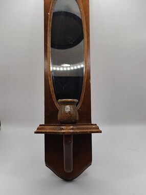 Vintage Tall Wooden Oval Mirror Candle Holder 16"